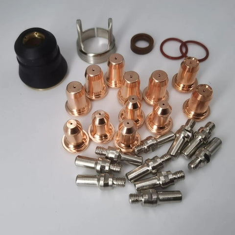 27Pc Plasma Cutter Tip Kit For IPT-60/PT-60 And IPT-40/PT40 Hafnium-Copper Electrodes And Copper Nozzles, various components shown.