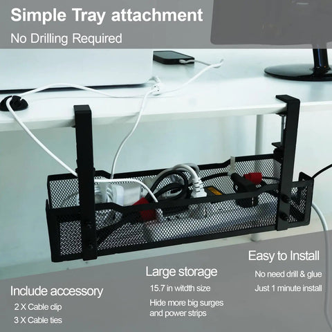 Under Desk Cable Management Tray With Clamp For Quick No Drill Setup A Slick Wire Basket And Cord Organizer With Charger Holder
