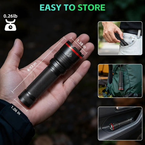 Person holding a Six Pack Rechargeable LED Flashlights With High Lumen Output, Mini Handheld Tactical Lights USB-C Chargeable