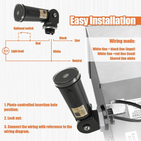 Diagram and photo of One Pack 120 To 277V AC Photocell Light Sensor Switch For Outdoor Lighting IP65 showing installation and wiring instructions.