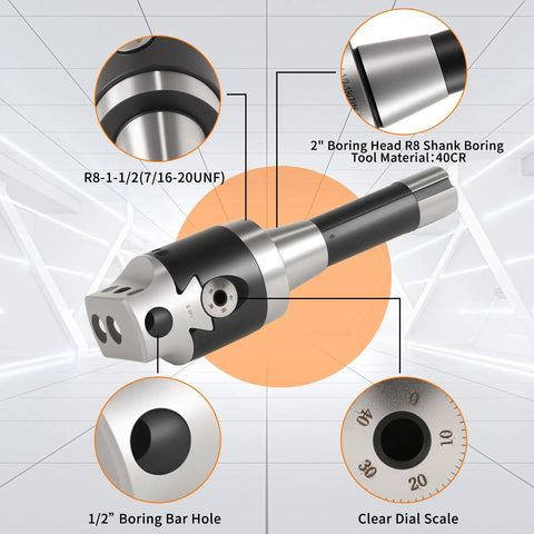 Nine Piece Two Inch Boring Head R8 Shank Tool Set With Half Inch Boring Bar, details on components and measurements