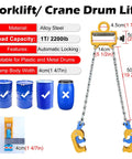Heavy-Duty Drum Lifter For Forklift Crane With 2,200 Lbs Capacity and alloy steel hooks for secure drum handling.