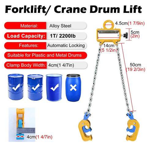 Heavy-Duty Drum Lifter For Forklift Crane With 2,200 Lbs Capacity and alloy steel hooks for secure drum handling.