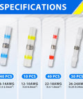 Solder Seal Wire Connectors Kit for Quick DIY Install with Waterproof Heat Shrink Sleeves showing color-coded specifications
