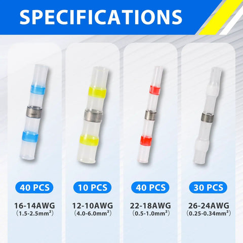 Solder Seal Wire Connectors Kit for Quick DIY Install with Waterproof Heat Shrink Sleeves showing color-coded specifications