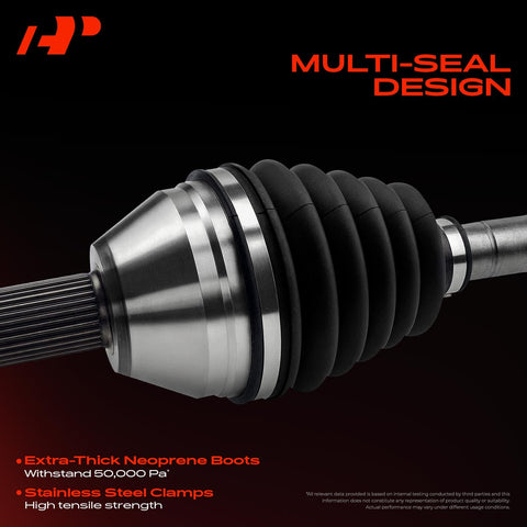 Close-up of stainless steel front CV axle shaft for Honda Civic and Acura EL with neoprene boots, multi-seal design.