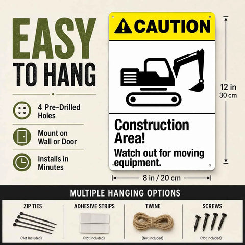 Rugged Aluminum Construction Area Warning Sign 8x12 Inch with illustration and mounting options for worksite outdoor use.