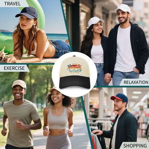 Collage with RV Pilot Vibes Camper Road Trip Trucker Hat For Adventure Lovers Adjustable Back Buckle Cap center surrounded by outdoor activities.