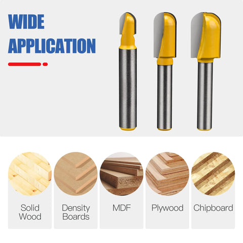 Carbide Router Bits Set With Double Flute Core Box And Round Nose For Woodworking, 1/4 Inch Shank, Includes 1/4, 3/8, And 1/2 Inch Cutting Diameters