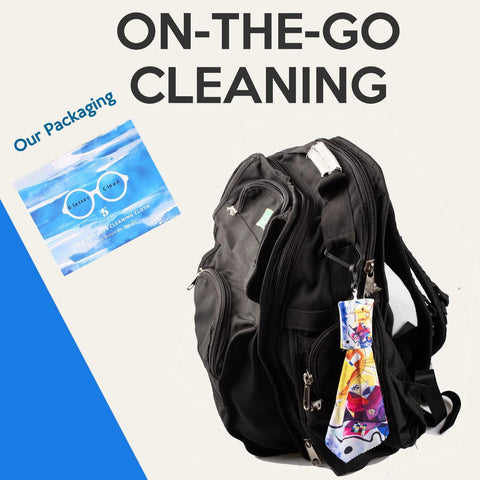 Front view of black backpack with glasses cleaning cloth packaging, double-sided microfiber cloth for glasses and screens