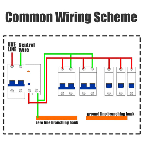 Diagram showing common wiring scheme for 3P 40A Miniature Circuit Breaker For DIN Rail Mount with live and neutral lines.
