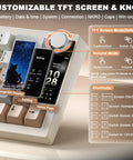 Slick Wireless Mechanical Keyboard Featuring Sixty Eight Keys In Warm Beige with customizable TFT screen and control knob.