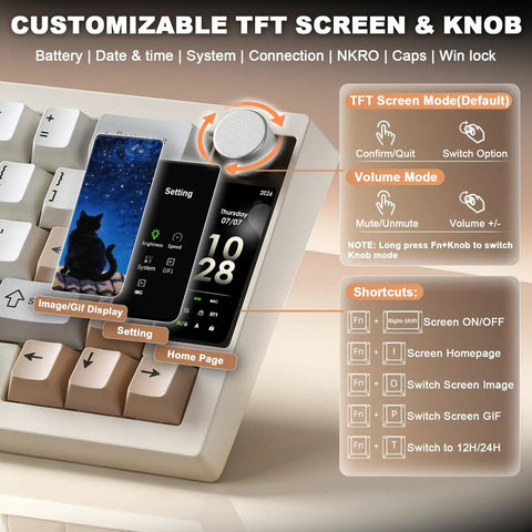 Slick Wireless Mechanical Keyboard Featuring Sixty Eight Keys In Warm Beige with customizable TFT screen and control knob.