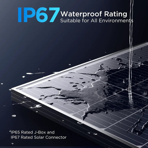 Two Pack 200W Solar Panels Kit With High Output Design True 100W Per Panel featuring IP67 waterproof rating.