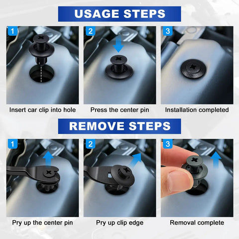 Hella Sturdy Auto Bumper Clip Kit With 120 Pieces In Six Essential Sizes Includes Bonus Fastener Puller Tool for installation steps.