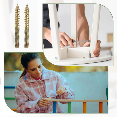 "M8 Hanger Bolts Set For Wood, 3 Inch Length, Double Ended Self Tapping Bolts, 8mm Screw Wood Dowels, Furniture Legs And Wood Joints Fittings, 12 Pack, Galvanized Carbon Steel, Rust Resistant Hardware shown with woodwork and furniture installation"