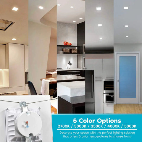 Five To Six Inch LED Square Recessed Downlight Kit, Dope Fourteen Watt Equivalent To Ninety Watt, five color options shown