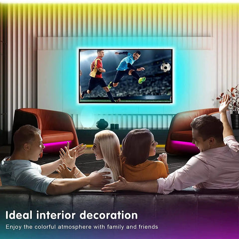 LED TV Backlight Strip 32.8Ft USB Powered With Remote for 40 To 75 Inch TVs Behind The Screen in a living room setup