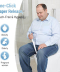 Man using the Newly Upgraded Silicone Top Toilet Paper Clamp With Wipes Holder And No Slip Grip, Bathroom Mobility Aid, seated on toilet.