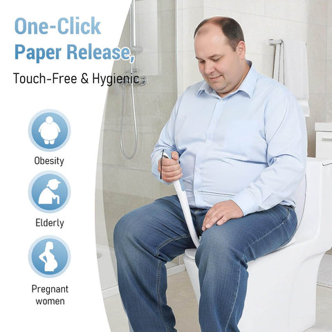 Man using the Newly Upgraded Silicone Top Toilet Paper Clamp With Wipes Holder And No Slip Grip, Bathroom Mobility Aid, seated on toilet.