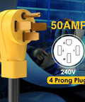 Pro Grade 240V Level 2 Charging Adapter With 14-50P Male To L6-30R Female Connector showing 50AMP 4 prong plug and copper prongs.