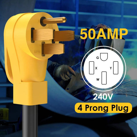 Pro Grade 240V Level 2 Charging Adapter With 14-50P Male To L6-30R Female Connector showing 50AMP 4 prong plug and copper prongs.