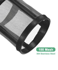 Close-up of 100 mesh 304 stainless steel filter with black trim, labeled for water pumps and hoses, reusable inline sediment filter.