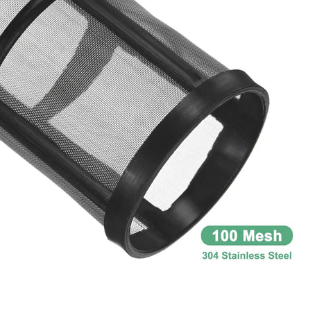 Close-up of 100 mesh 304 stainless steel filter with black trim, labeled for water pumps and hoses, reusable inline sediment filter.