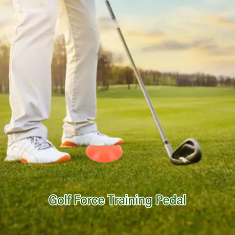 Golfer using Golf Force Pedal Training Aid and Force Plate for Swing Control and Balance Game Changer on green