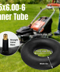 Premium 15x6.00-6 Inner Tubes With TR-13 Straight Valve Stem 2 Pack for lawn mowers with dimensions and valve detail.