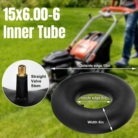 Premium 15x6.00-6 Inner Tubes With TR-13 Straight Valve Stem 2 Pack for lawn mowers with dimensions and valve detail.