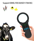 All In One Pet Microchip Scanner With 1.44 Inch TFT Screen, 500 Data Storage, handheld by person next to tagged cow