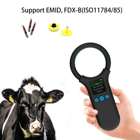 All In One Pet Microchip Scanner With 1.44 Inch TFT Screen, 500 Data Storage, handheld by person next to tagged cow