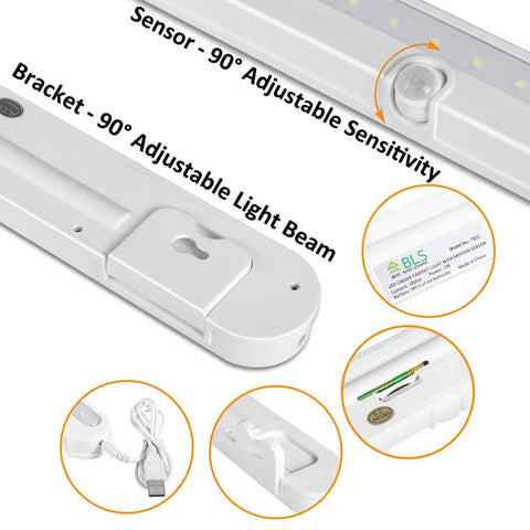 T01L 20 LED Wireless Motion Sensor Closet Light with white bracket, USB cable, and adjustable beam highlighted in diagram