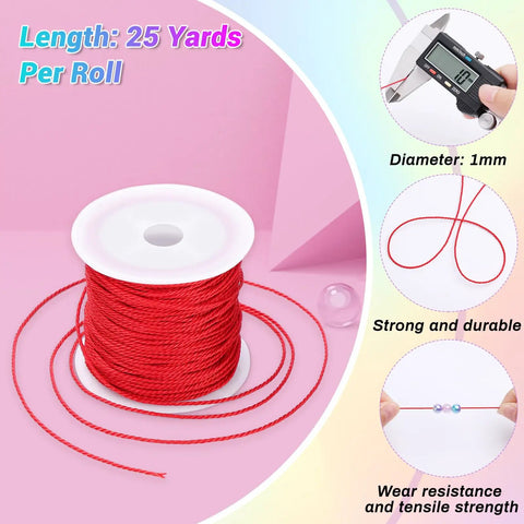 Red waxed polyester cord spool, 1mm thickness, 25 yards per roll, part of Twenty Rolls Wax String For Bracelet Making set, close-up view.
