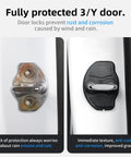 Comparison of Tesla Model 3/Y door lock with and without TPE anti-rust protector from Tesla Model 3 And Model Y TPE Door Shock Absorber And Door Lock Cover Protector Anti Rust Technology Guard Kit For 2017 Through 2026 Fits Juniper And Highland Series 4 Pack Carbon Edition