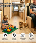 Child playing with dog on RV floor featuring RV Floor Vent Cover 2x10 Inch With Removable Magnetic Lid, Pet Friendly and Walkable.