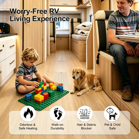 Child playing with dog on RV floor featuring RV Floor Vent Cover 2x10 Inch With Removable Magnetic Lid, Pet Friendly and Walkable.