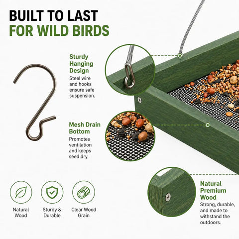 Platform Bird Feeder With Wooden Tray For Outdoor Gardens And Courtyards Hanging Bird Feeder Tray Durable Weather Resistant Wood Eco Friendly