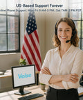 Veise branding on monitor at a desk; customer support agent wearing headset with US flag in background