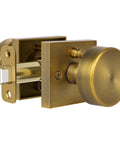Vintage Style Brass Finish Square Door Knob With Privacy Lock, interior view showing antique brass design with lock feature