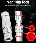 One Half Inch NPT Skid Steer Hydraulic Quick Connect Couplers With Two Dust Caps, heavy duty metal fittings with red caps.
