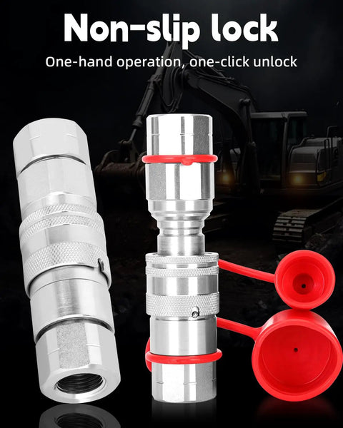 One Half Inch NPT Skid Steer Hydraulic Quick Connect Couplers With Two Dust Caps, heavy duty metal fittings with red caps.