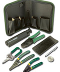 Pro Grade Fiber Optic Hand Tool Kit With Kevlar Shears Wire Strippers Carbide Scribe 8 Inch Crimp Frame Case and Tools Displayed