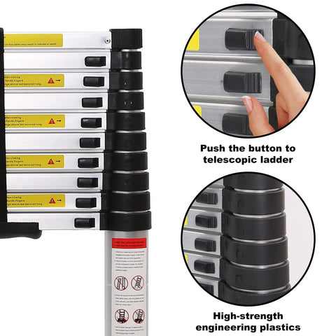 Telescopic Ladder 12.5ft Aluminum Telescoping Ladder with non-slip feet, showing button mechanism and high-strength plastics.