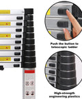 Close-up of 12.5 Foot Aluminum Telescoping Ladder With Non Slip Feet And Stable Hook Portable Extension Ladder adjustment button