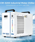 CW-5200 Industrial Water Chiller, 60W compatible, white casing, temp control panel, designed for laser systems cooling.