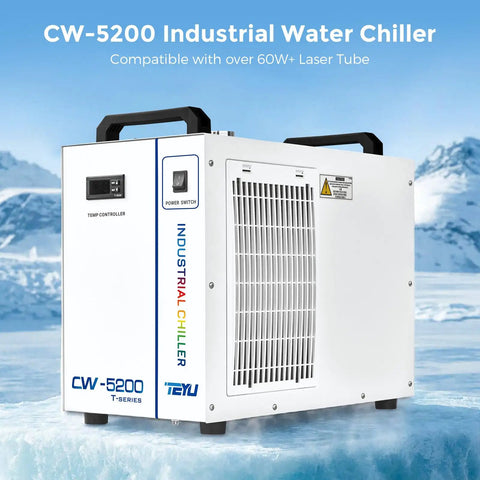CW-5200 Industrial Water Chiller, 60W compatible, white casing, temp control panel, designed for laser systems cooling.