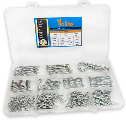 188-Piece Hitch Pin Clip Kit With R Clips And Hair Pin Retaining Pins, organized in clear plastic case.