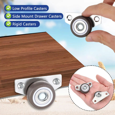 Four 1.25 Inch Small Low Profile Caster Wheels With Steel Top Plate For Furniture Drawers DIY Projects Mini Fixed Casters